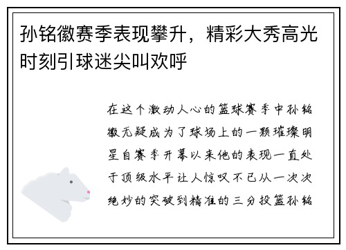 孙铭徽赛季表现攀升，精彩大秀高光时刻引球迷尖叫欢呼
