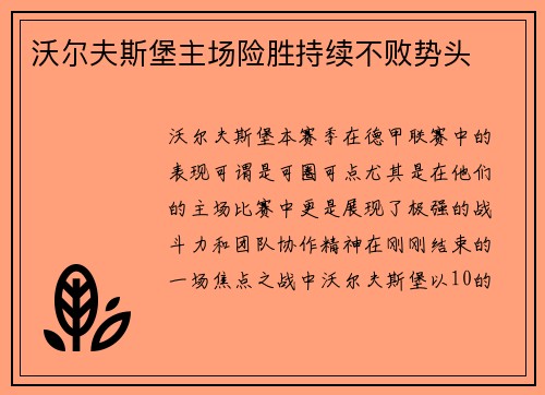沃尔夫斯堡主场险胜持续不败势头