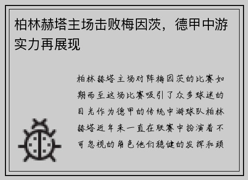 柏林赫塔主场击败梅因茨，德甲中游实力再展现