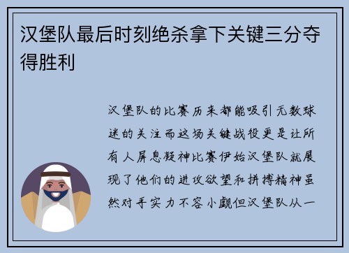 汉堡队最后时刻绝杀拿下关键三分夺得胜利
