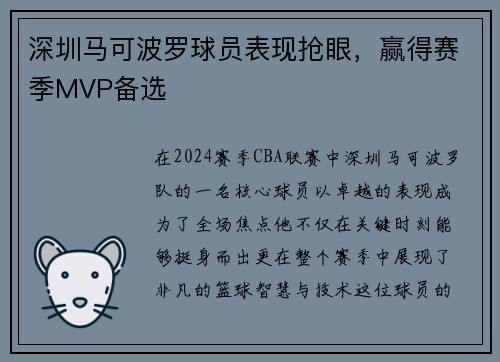 深圳马可波罗球员表现抢眼，赢得赛季MVP备选