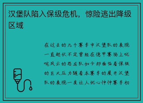 汉堡队陷入保级危机，惊险逃出降级区域