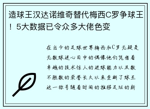 造球王汉达诺维奇替代梅西C罗争球王！5大数据已令众多大佬色变