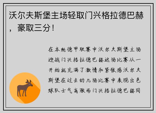 沃尔夫斯堡主场轻取门兴格拉德巴赫，豪取三分！
