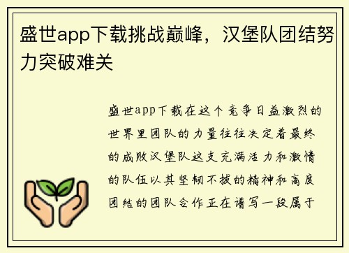 盛世app下载挑战巅峰，汉堡队团结努力突破难关