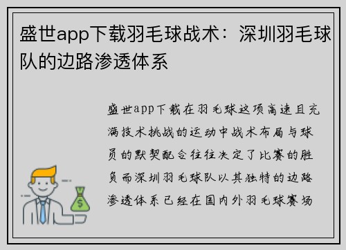 盛世app下载羽毛球战术：深圳羽毛球队的边路渗透体系