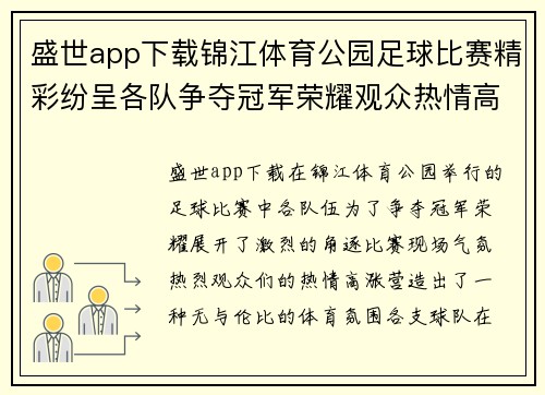 盛世app下载锦江体育公园足球比赛精彩纷呈各队争夺冠军荣耀观众热情高涨