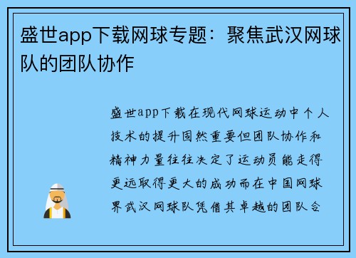 盛世app下载网球专题：聚焦武汉网球队的团队协作