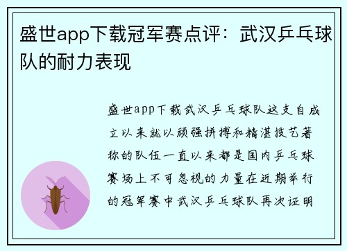 盛世app下载冠军赛点评：武汉乒乓球队的耐力表现