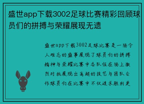 盛世app下载3002足球比赛精彩回顾球员们的拼搏与荣耀展现无遗