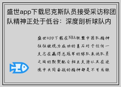 盛世app下载尼克斯队员接受采访称团队精神正处于低谷：深度剖析球队内部困境